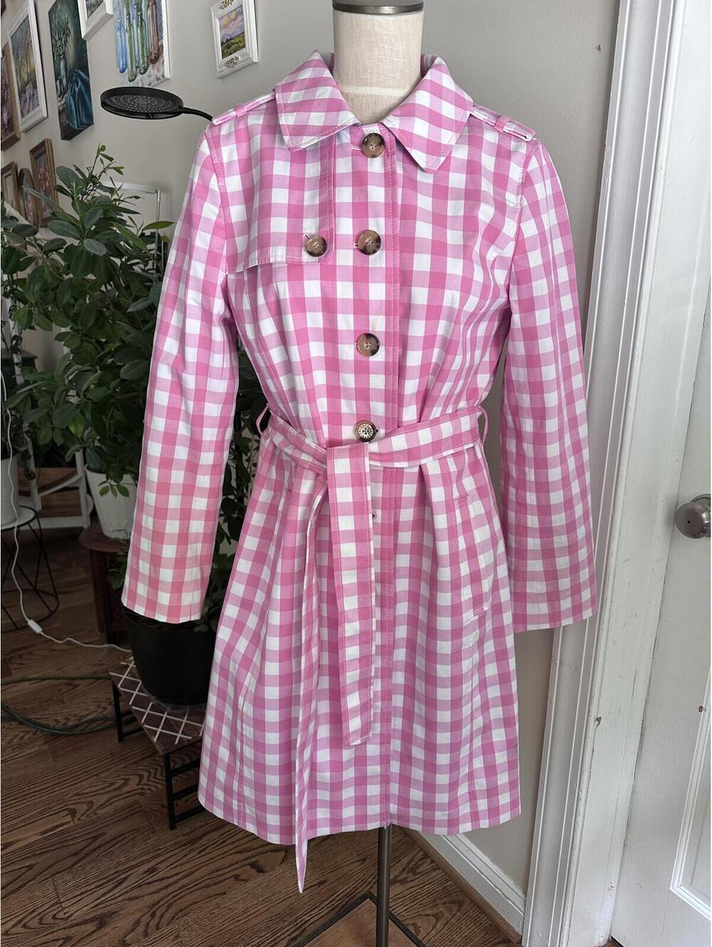 Talbots Belted Gingham Trench Coat in a Vibrant Pink and White Check Pattern - Picture 3 of 9